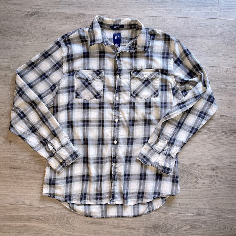Gap Fitted Long Sleeve Button Down Shirt Plaid Size Large Gray Cream